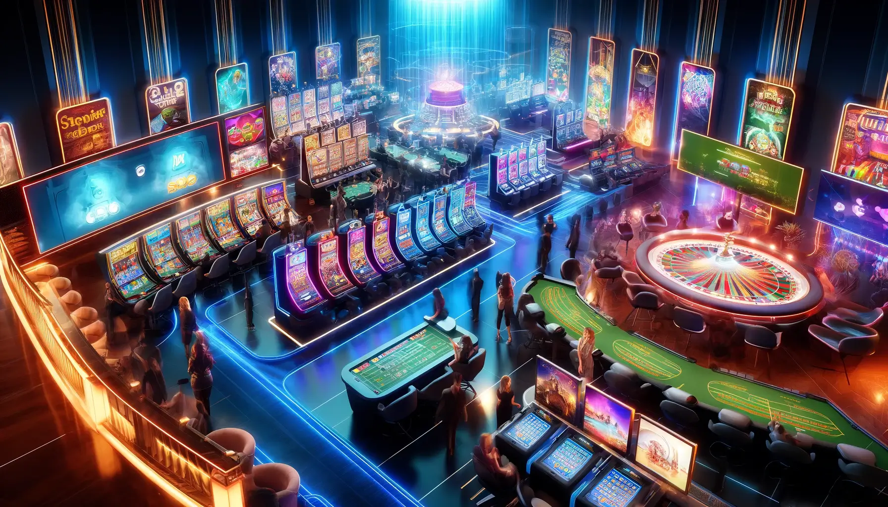 Best online casinos. This image depicts a bustling and vibrant online casino setting, featuring a variety of games like slots, blackjack, roulette, and live dealer games. The scene is filled with glowing screens and colorful digital displays, emphasizing the modern and high-tech nature of online gambling.