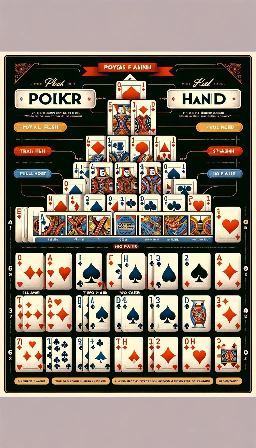 This educational infographic clearly shows the hierarchy of poker hands from highest to lowest. Each hand type, including Royal Flush, Straight Flush, and others, is illustrated with a corresponding set of playing cards, making it easy to understand for beginners.