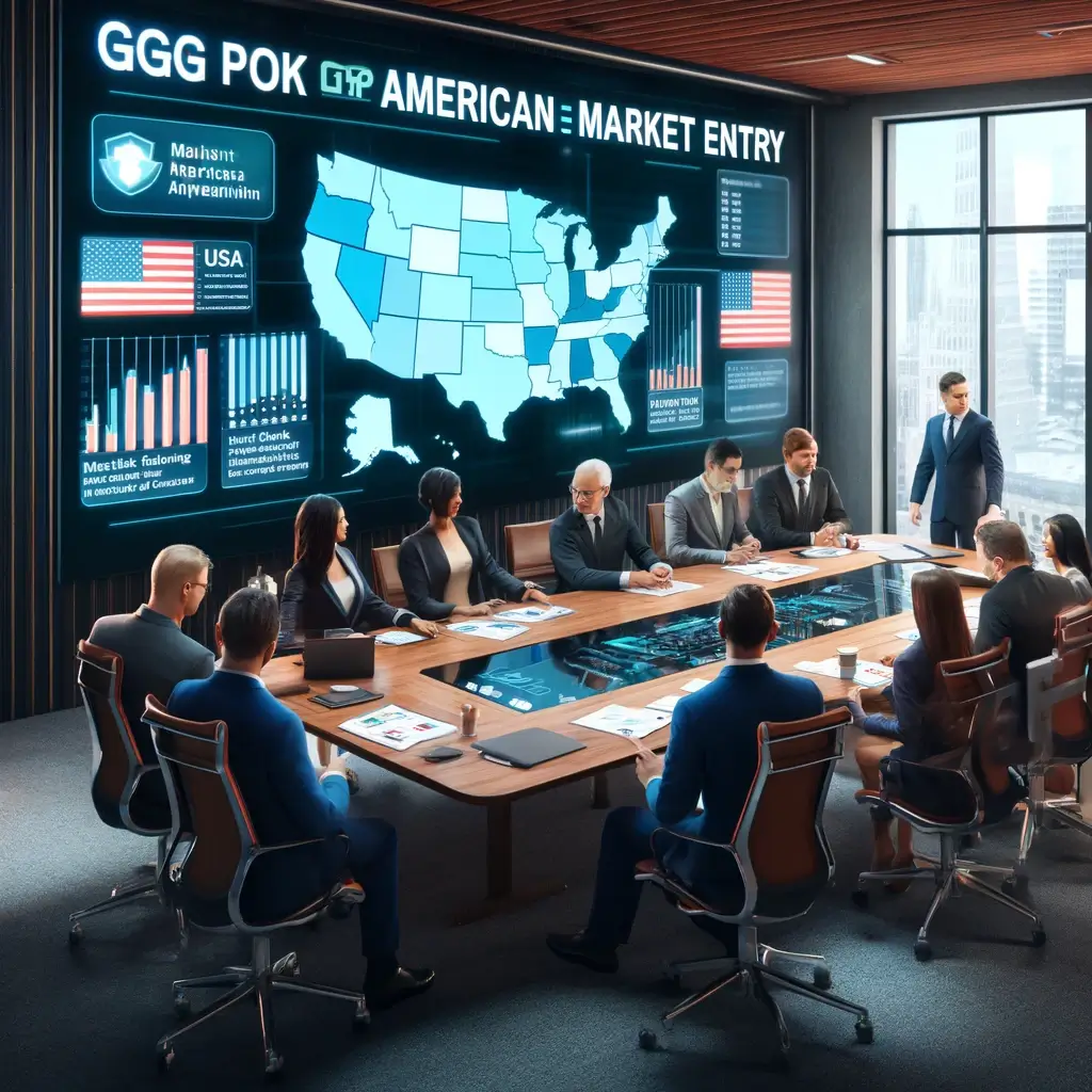 Online poker - GGPoker's strategic team in a modern office setting, planning the market entry. The team, composed of diverse individuals, is shown discussing strategies around a conference table with screens displaying market analysis and a map of the USA.
