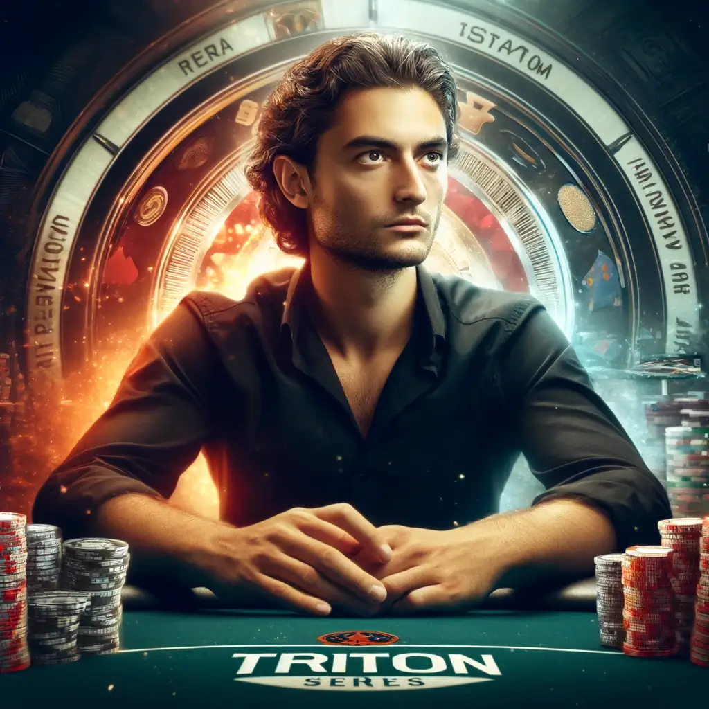 Isaac Haxton Triton in a poker tournament setting, looking determined and focused, with elements of a high-stakes poker environment.