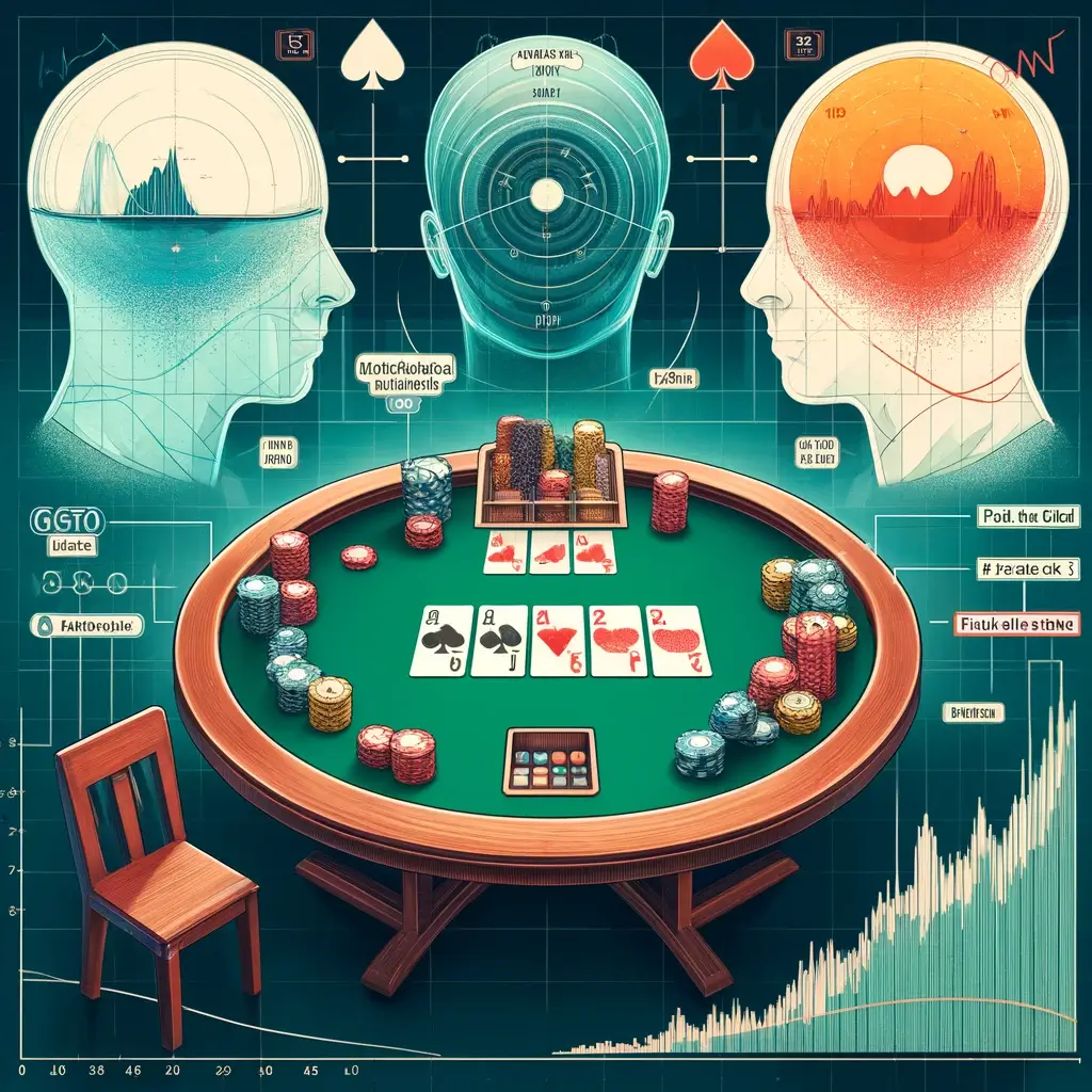 Illustration combining GTO (Game Theory Optimal) Poker Theories with the Peak-End Rule, featuring a poker table with cards and chips, and a chart representing mathematical models.