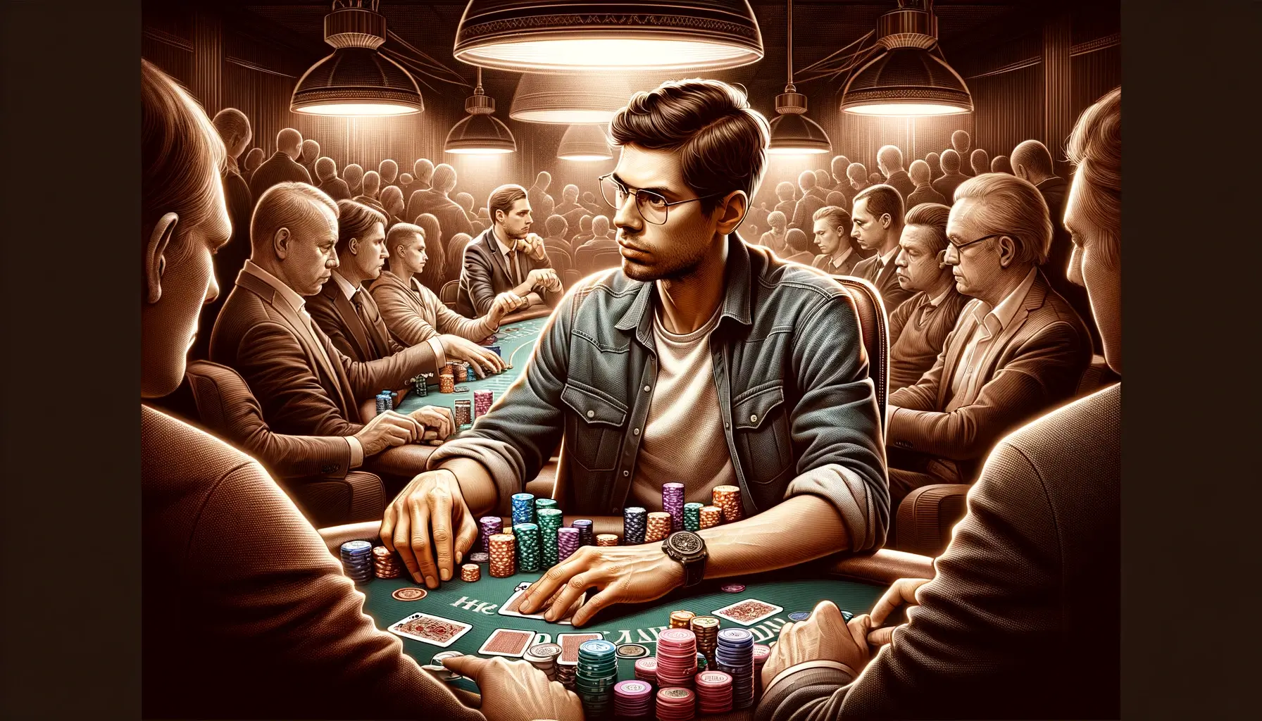 A detailed digital illustration of Joonas Karhu sitting at a poker table during his early poker career. He's surrounded by poker chips and cards, strategizing his next move while analyzing opponents across the table.