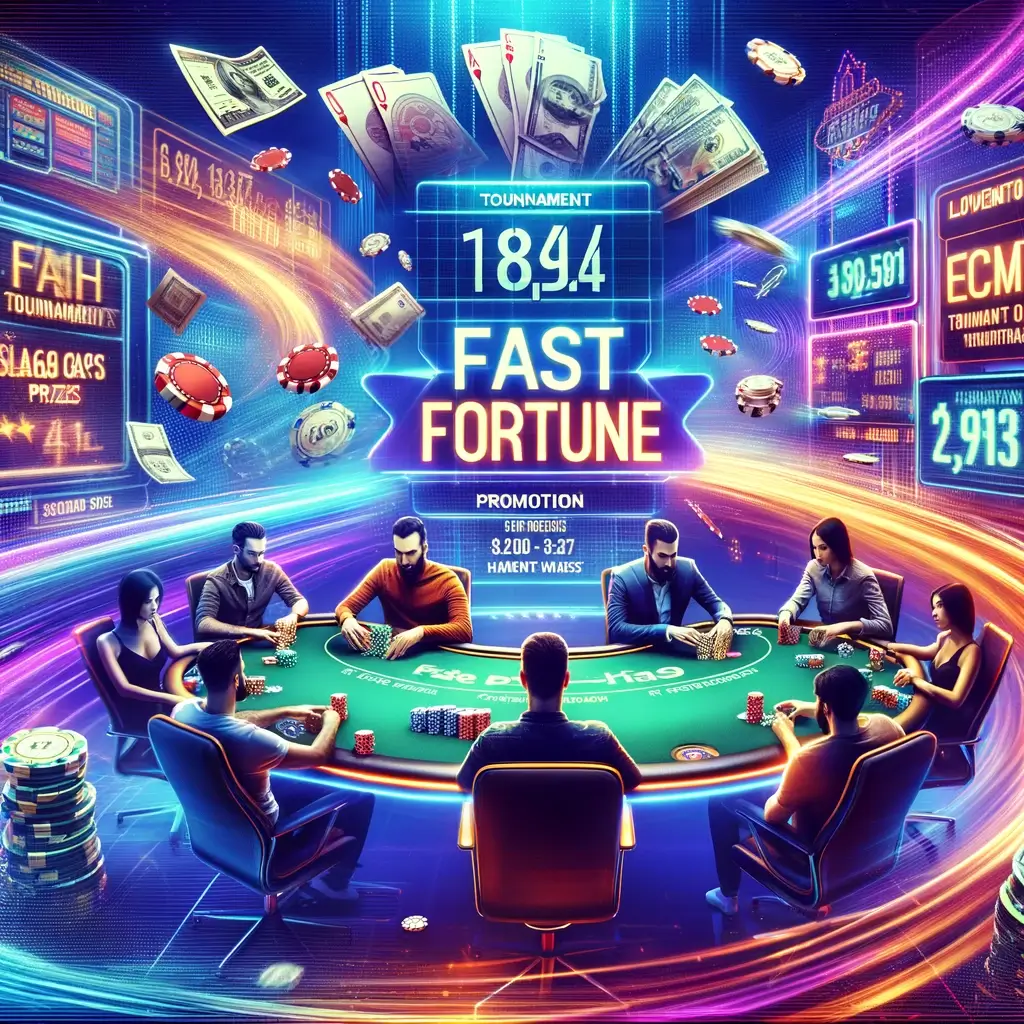 Vibrant online poker scene showcasing Fast Fortune promotion, cash prizes, tournament tickets, and leaderboard.