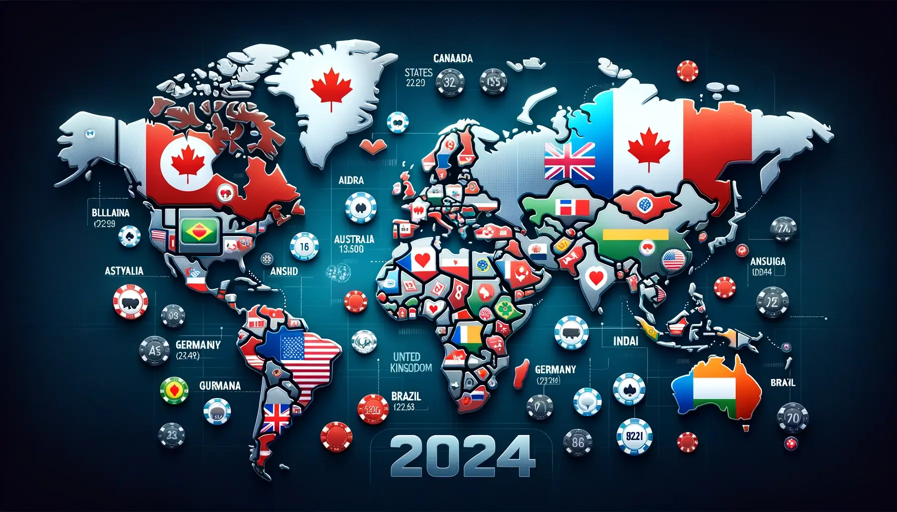 A world map with the United States, United Kingdom, Canada, Australia, Germany, Brazil, and India marked as leading countries in online poker. The map includes poker icons like playing cards and chips.