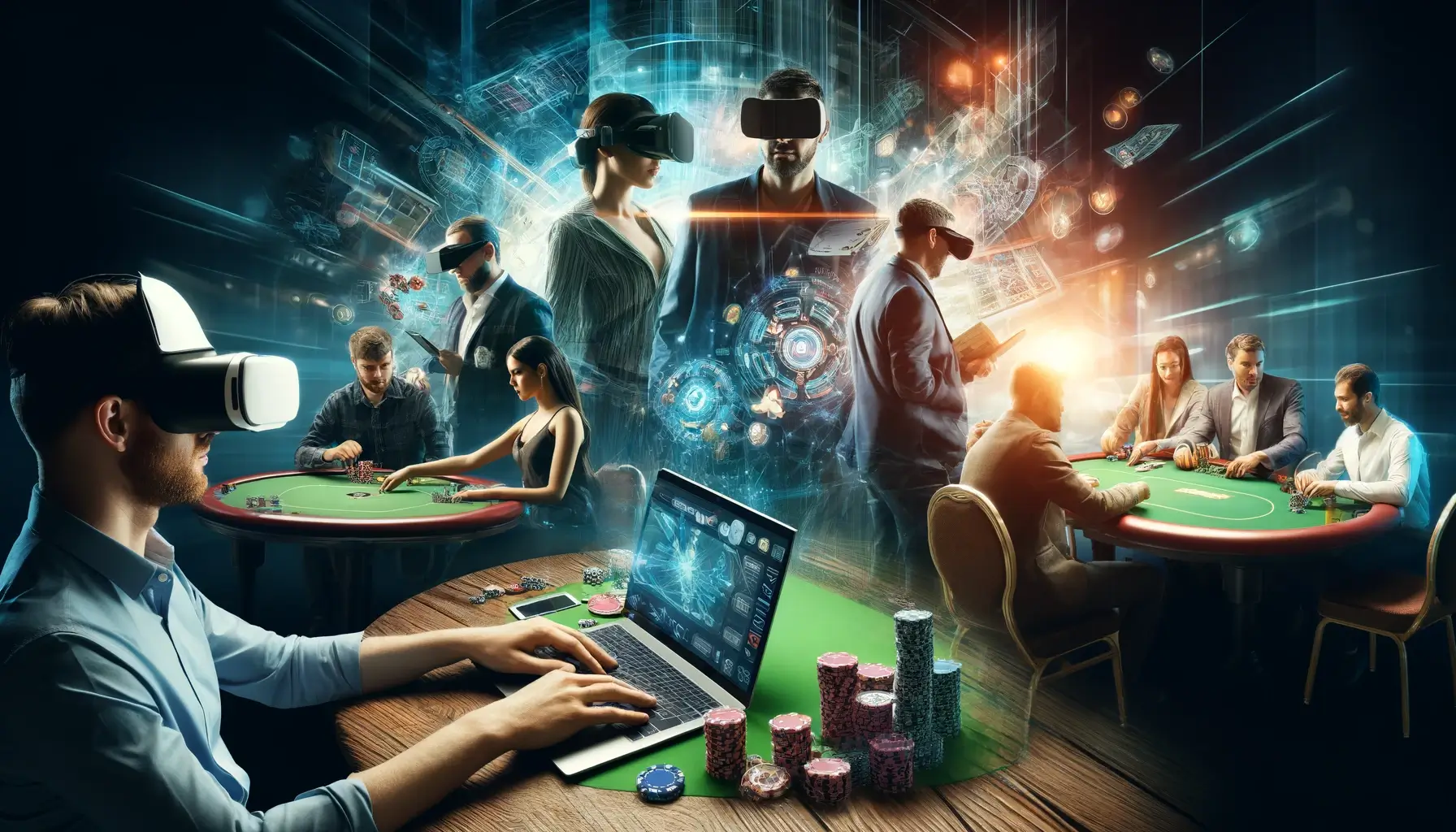 A dynamic image showcasing the digital transformation of poker, featuring players using various devices, virtual reality headsets, and traditional poker tables, set against a futuristic virtual casino background.