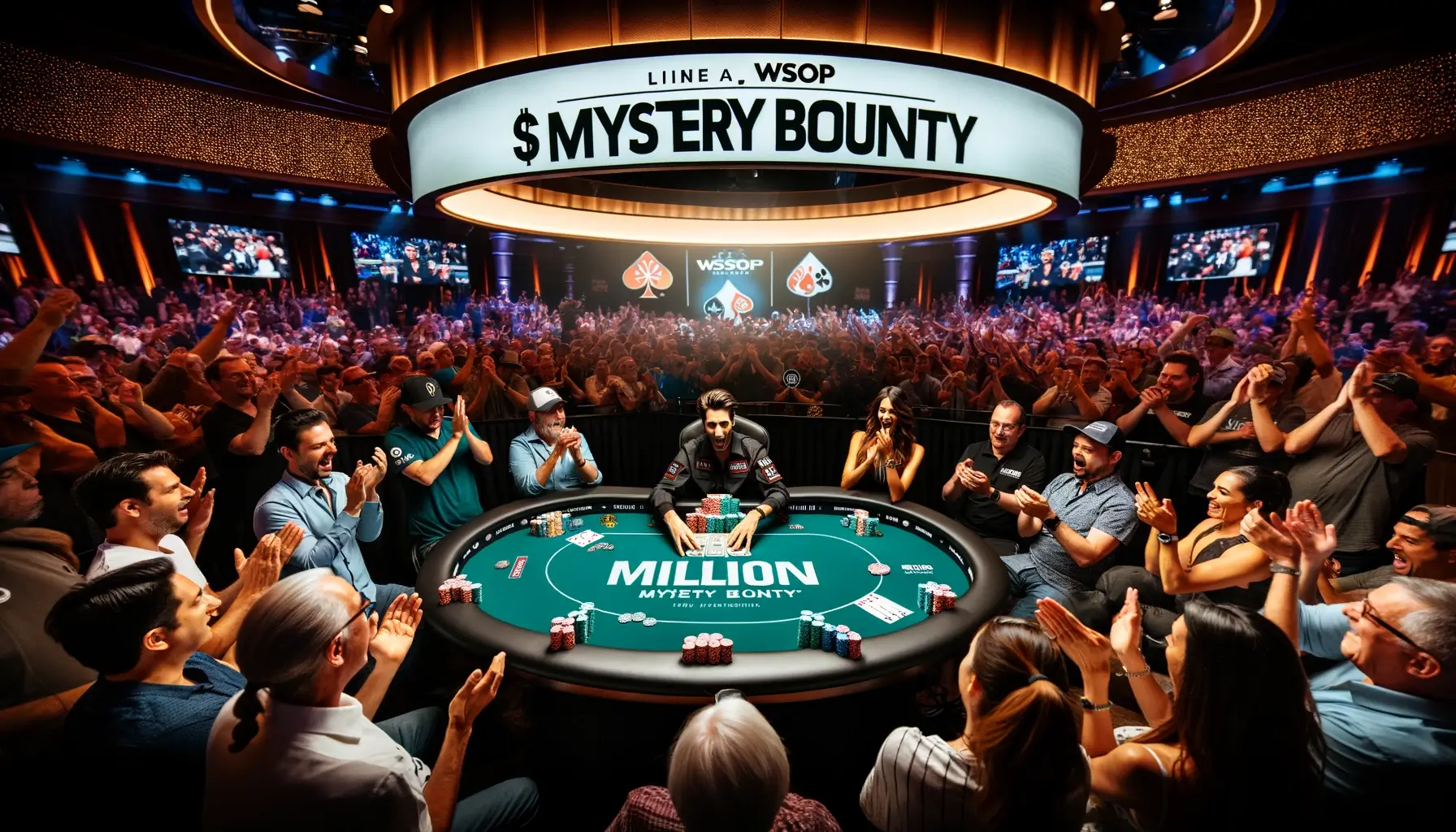 A thrilling scene from the WSOP Mystery Bounty event, showing a lively poker table with players focused on the game. A player reveals a $1 million bounty prize as the room erupts in applause and cheers, with spectators and other players reacting enthusiastically.