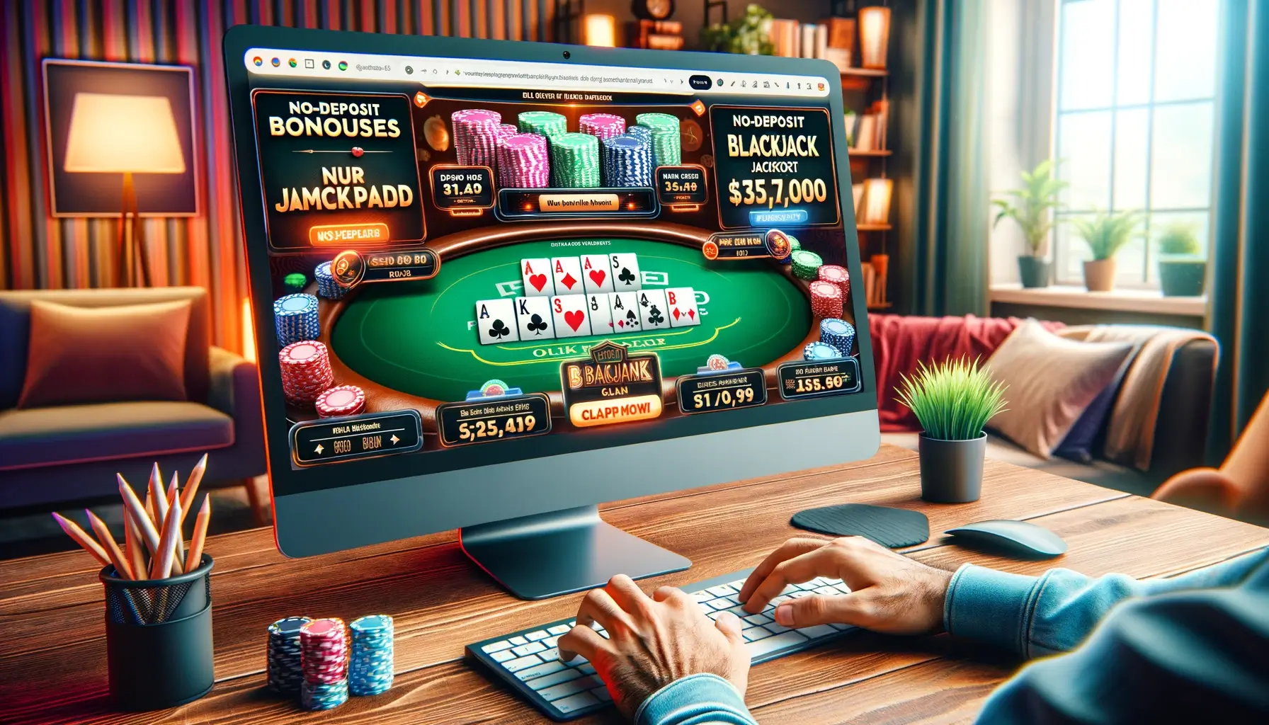 An image showcasing a vibrant online poker interface on a computer screen, with promotional banners for no-deposit bonuses and the Blackjack Jackpot. The screen displays active poker and blackjack games, and the player's hands are visible typing on the keyboard. 