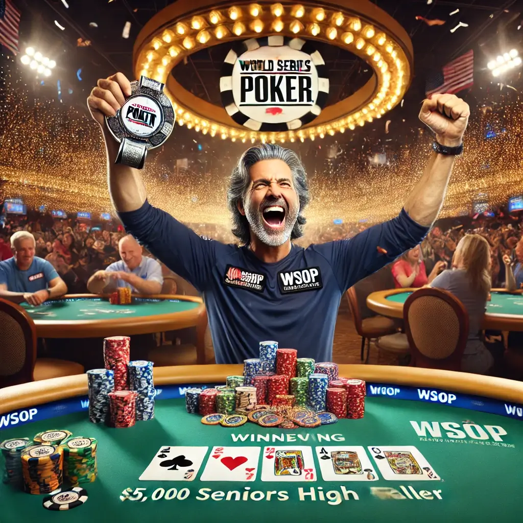 Mark Checkwicz holding his WSOP bracelet triumphantly after winning the $5,000 Seniors High Roller event at the World Series of Poker. The background shows poker tables, chips, and celebrating players.