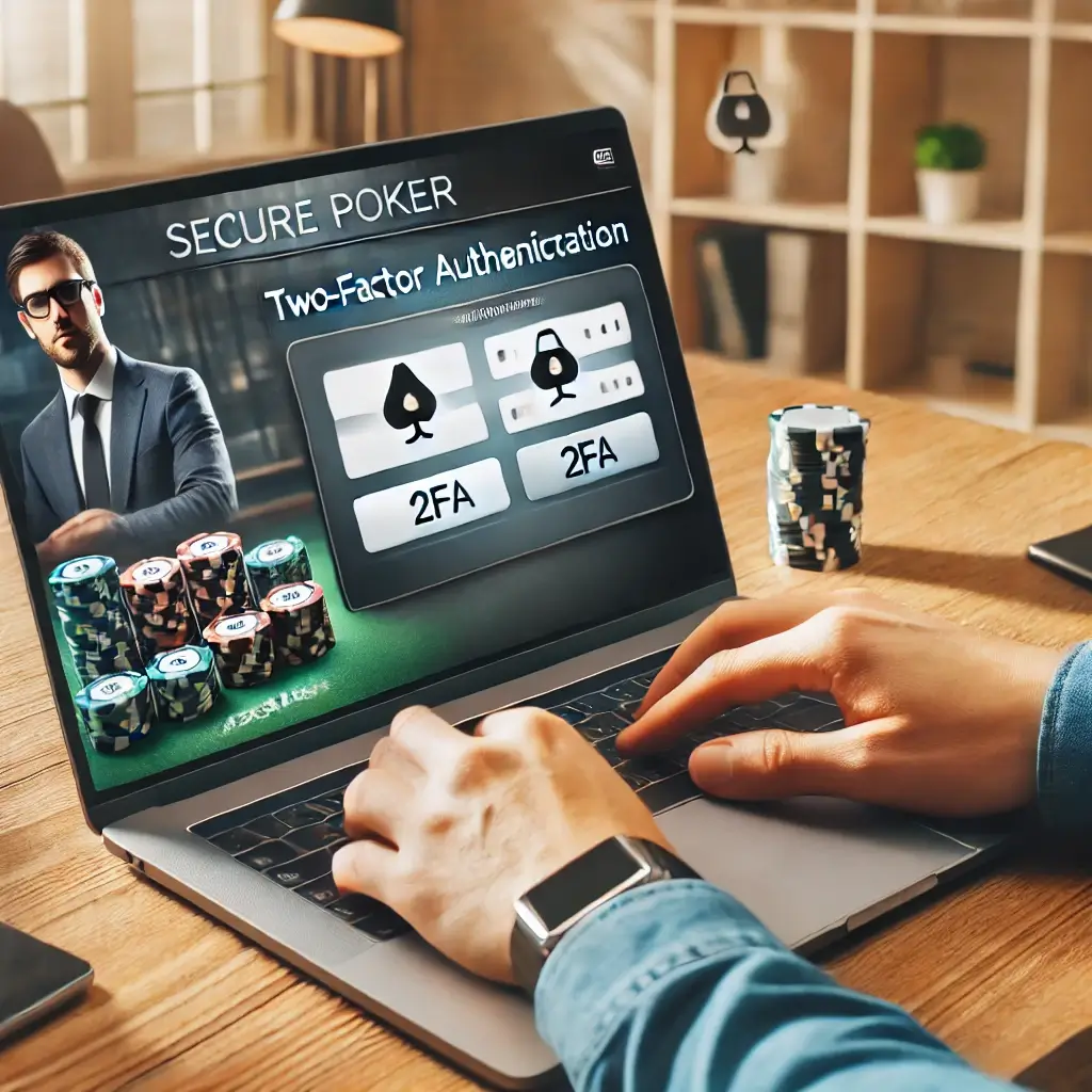 Person setting up two-factor authentication (2FA) on a laptop for an online poker account. Screen shows a secure poker site interface with 2FA options. Background includes a neat, well-lit home office.