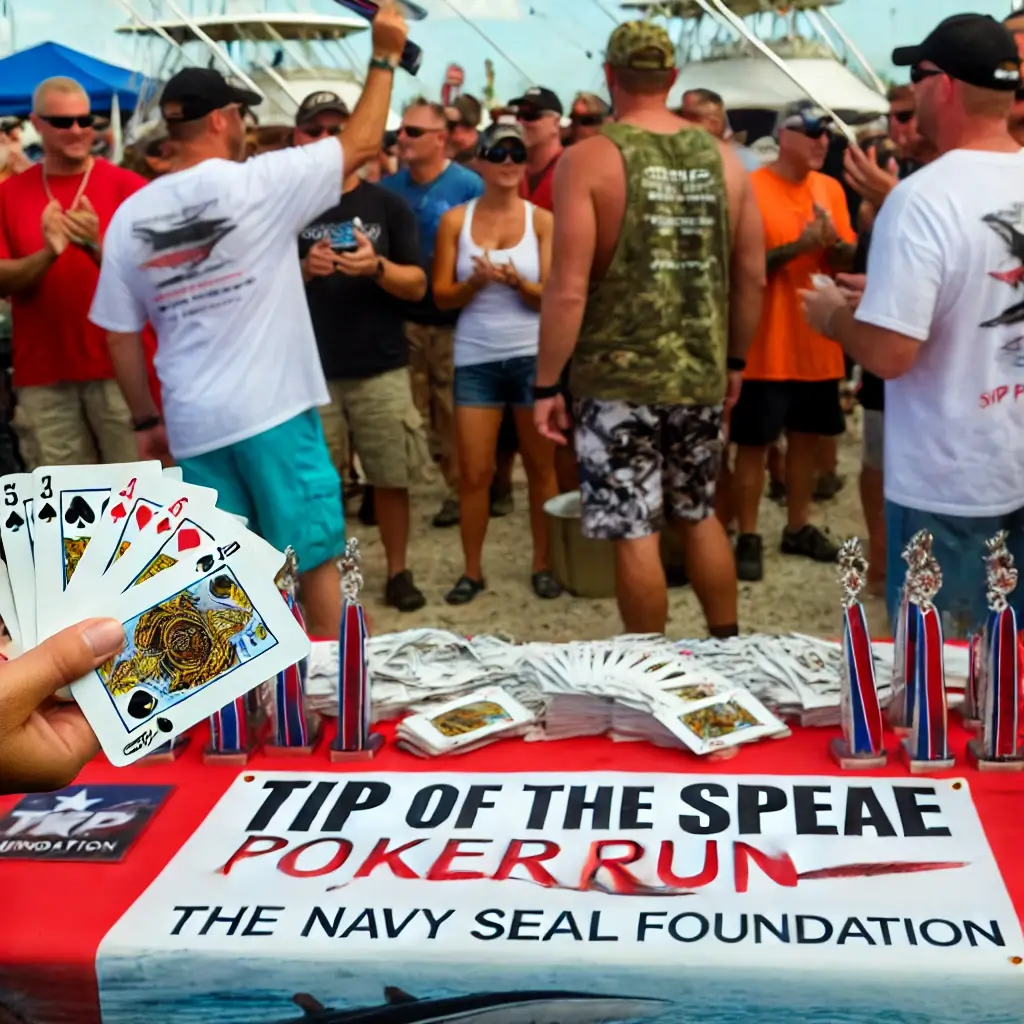 Boating enthusiasts participating in the Tip Of The Spear Poker Run, speeding through checkpoints while collecting playing cards. The scene is set on a beautiful sunny day on the water, showcasing vibrant energy and camaraderie.