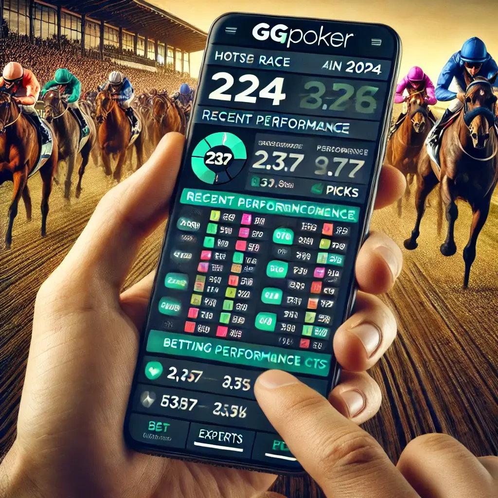 Person using a mobile phone to access horse race betting information on GGPoker app with betting odds and expert picks.