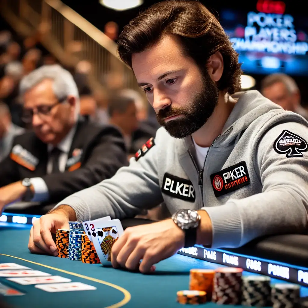 Daniel Negreanu playing poker at the final table of the Poker Players Championship, focusing intently on his cards with other players and a casino environment in the background.